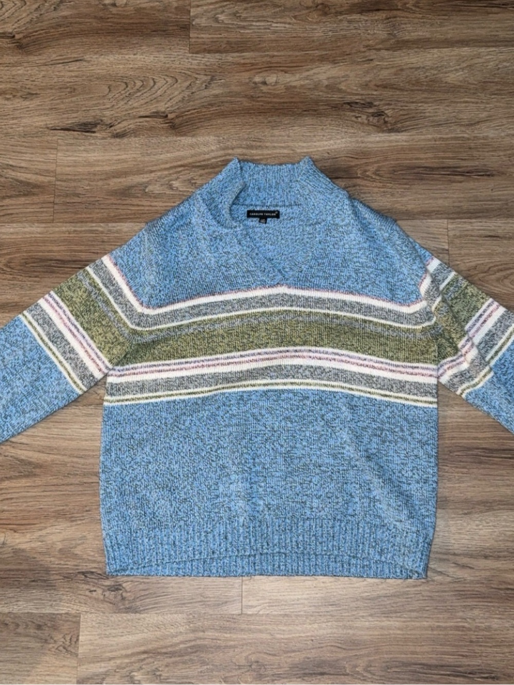 Carolyn Taylor Light Blue Knit Sweater with Olive, Pink & Gray Stripes
